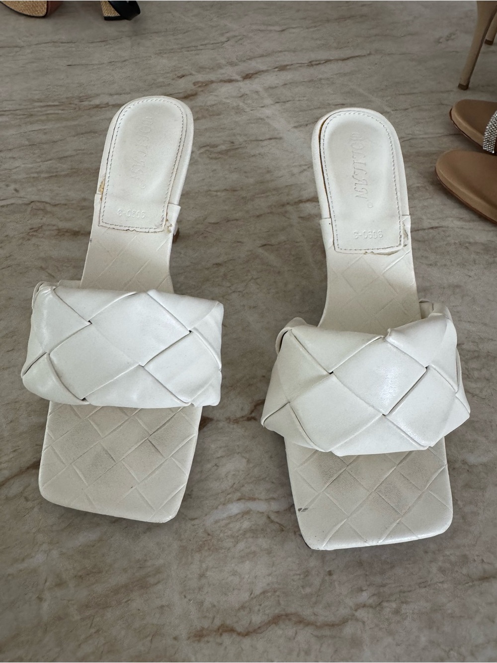 Woven Square-Toe White Slide Heels